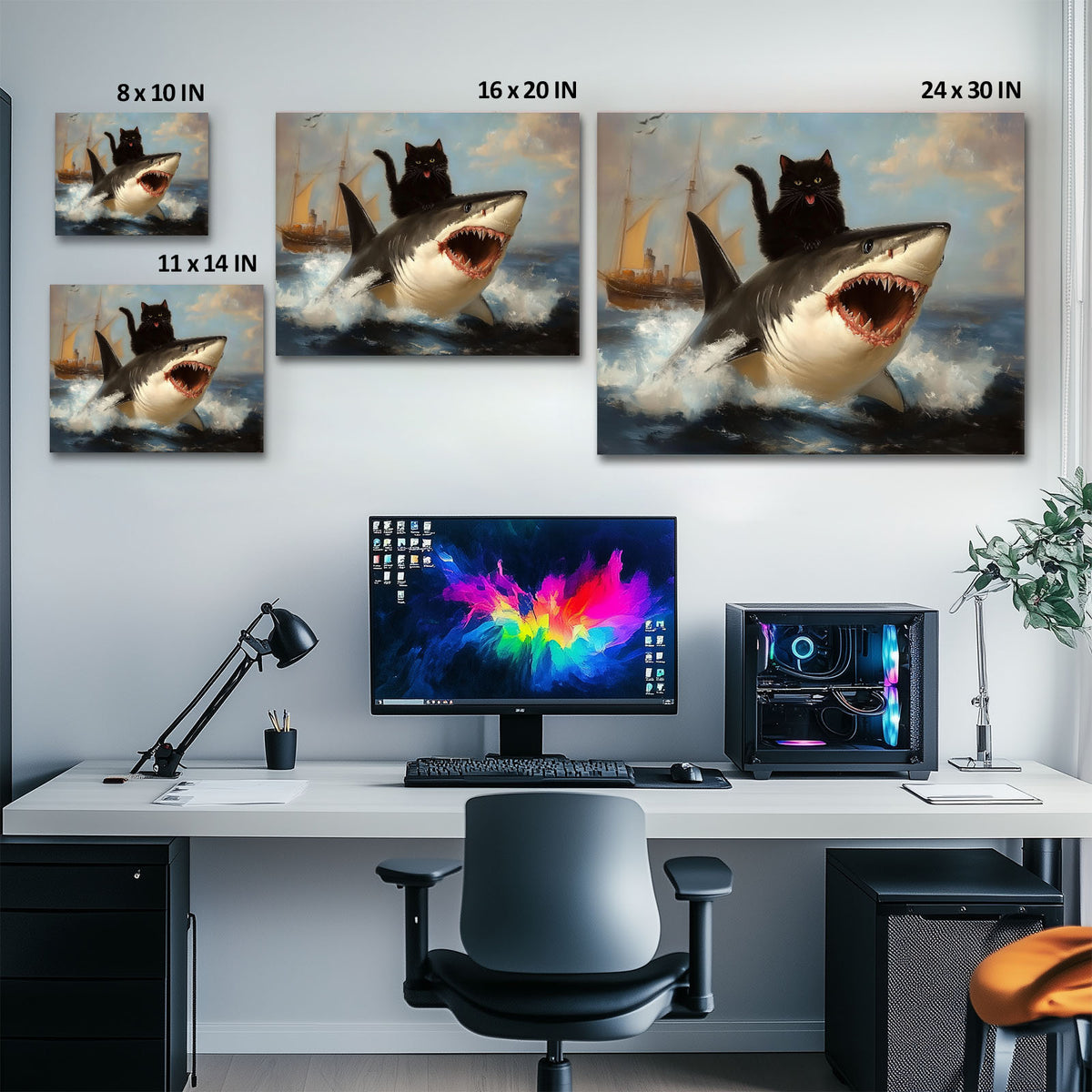 Black Cat Riding a Shark Whimsical Surreal Ocean Adventure Painting Wall Art