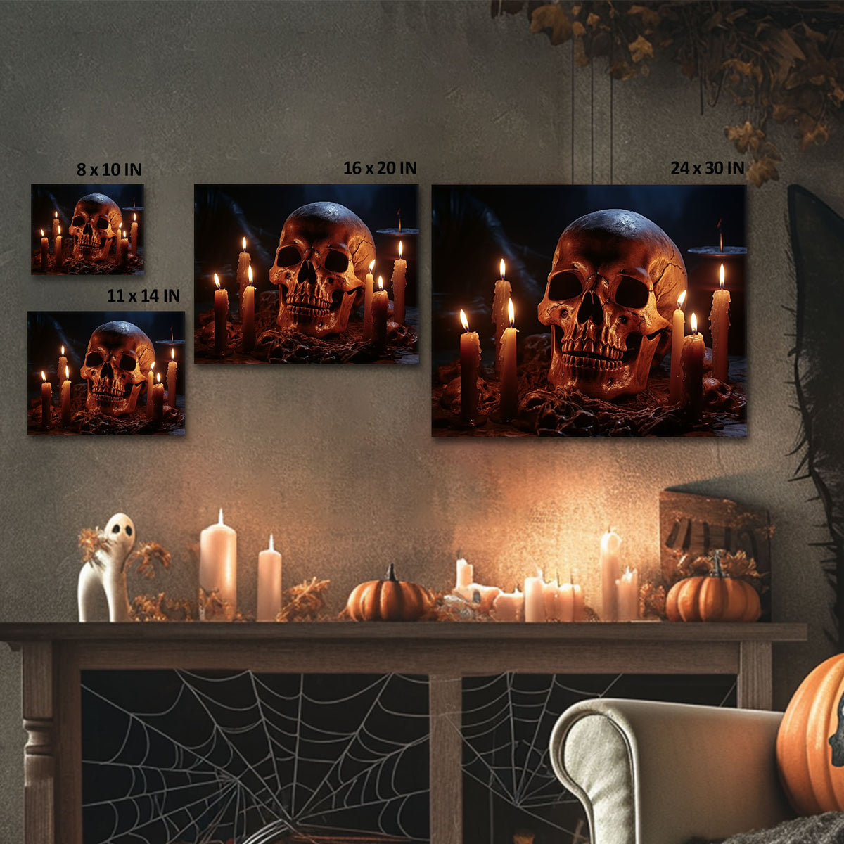 Skull and Candle Dark Gothic Horror Still Life Painting Halloween Wall Art