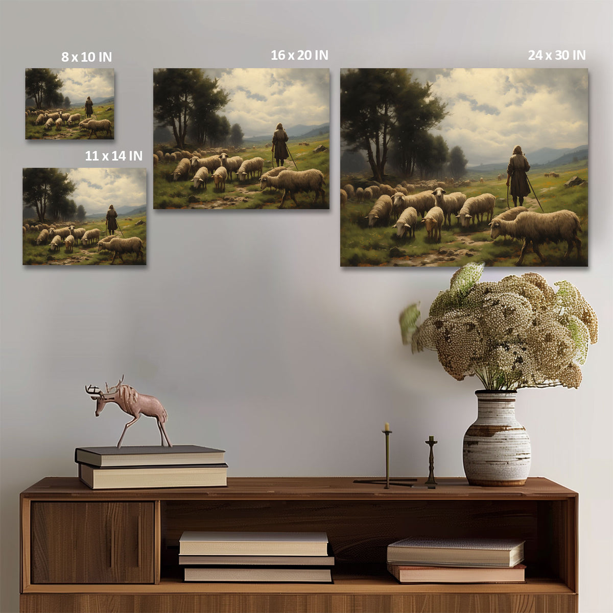 Classic Pastoral Landscape Painting Shepherd and Sheep Pasture Wall Art