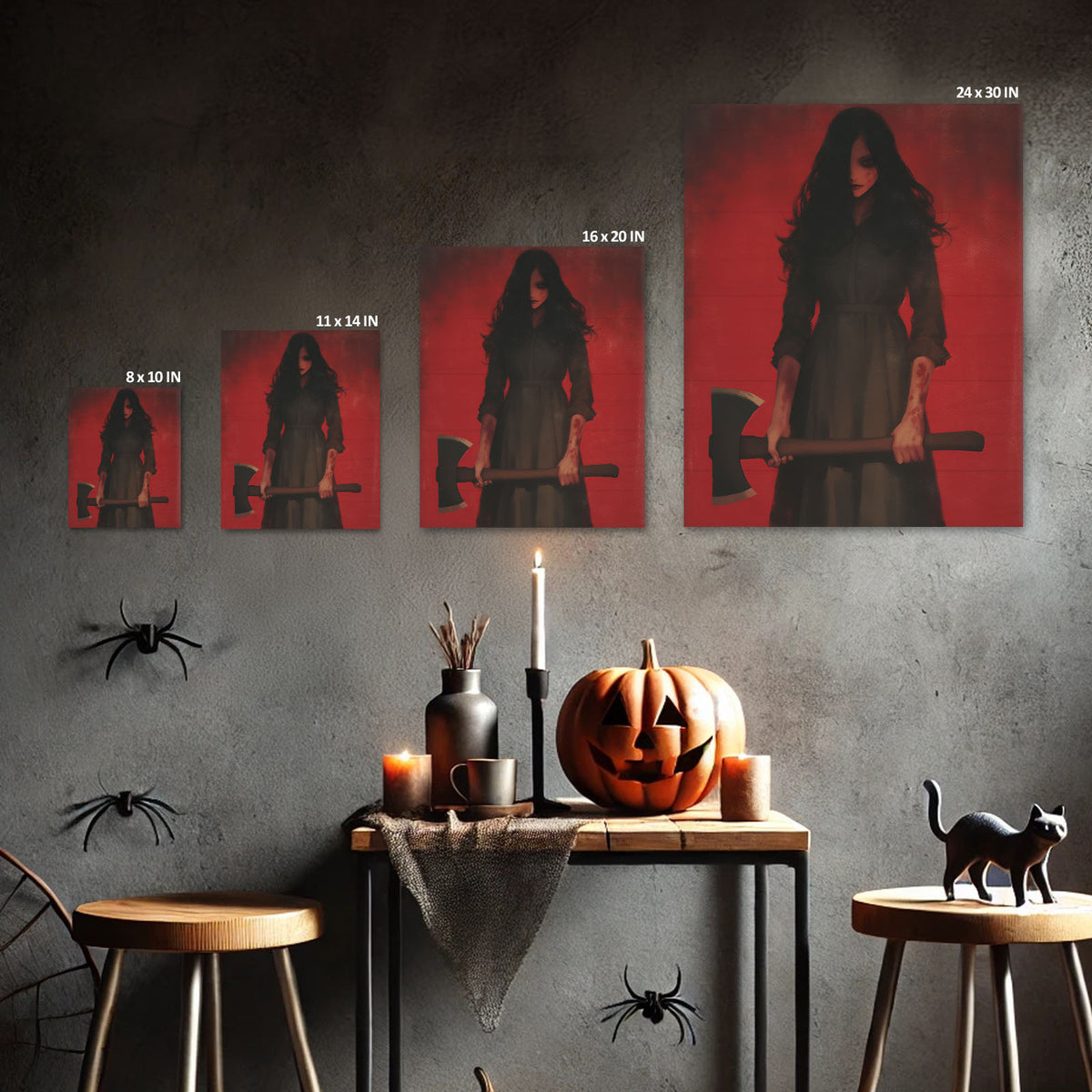 Female Horror Villain with Axe Dark Gothic Horror Portrait Painting Halloween Wall Art