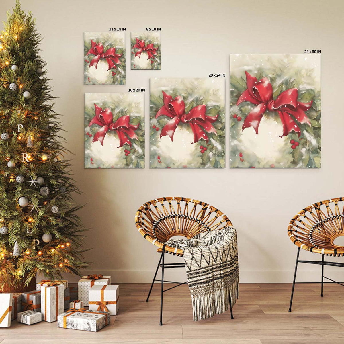 Christmas Poinsettia Canvas Wall Art, Red Holiday Floral Decor with Holly and Berries