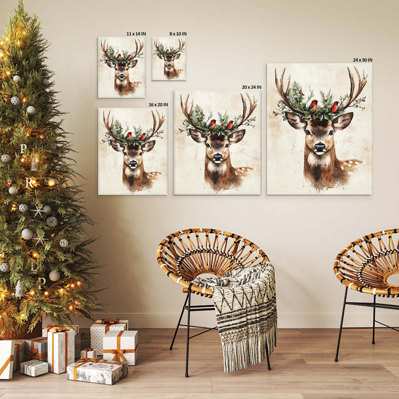 Christmas Deer and Woodland Wildlife Canvas Wall Art, Rustic Winter Holiday Decor