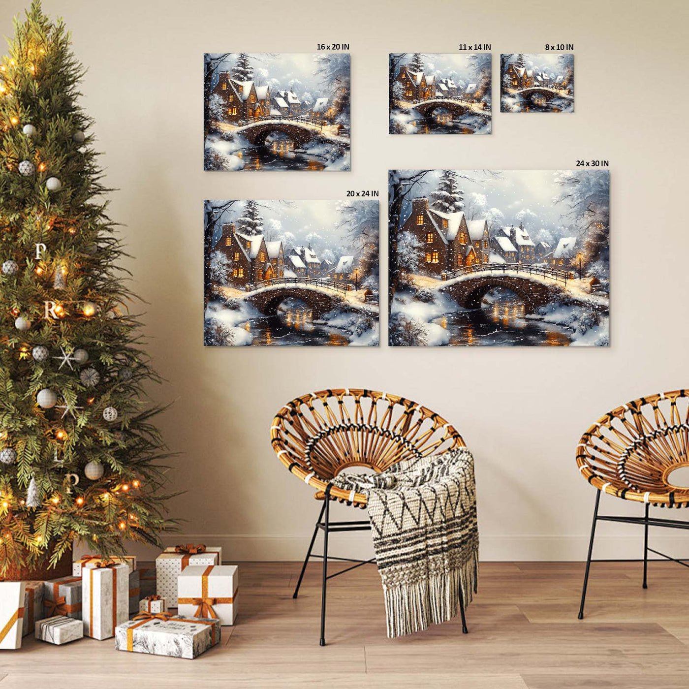 Snowy Christmas Village Canvas Wall Art, Cozy Winter Town Holiday Decor