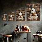 Cute Ghost Reading in the Library Whimsical Halloween Storybook Illustration Wall Art