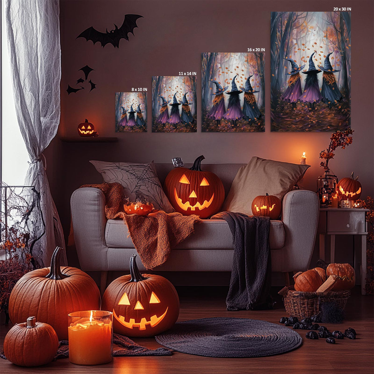 Three Witch Silhouettes Walking Through the Woods Painting Halloween Wall Art