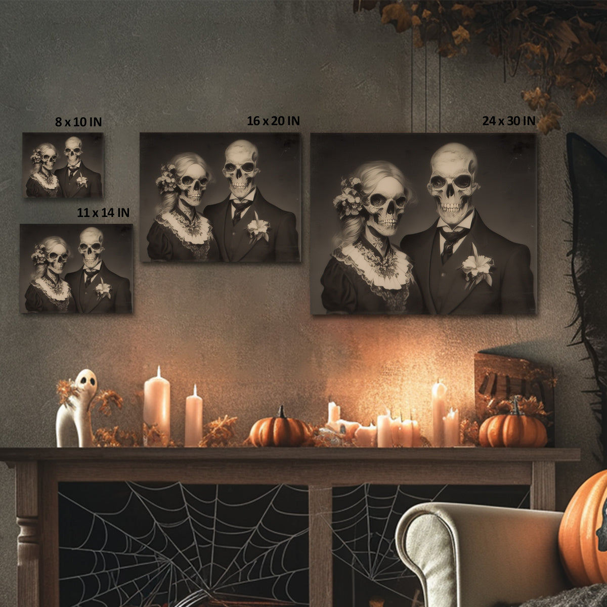 Victorian Skeleton Wedding Couple Vintage Gothic Halloween Portrait Painting Wall Art