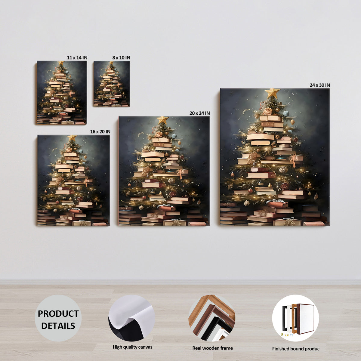 Book Lover Christmas Tree Canvas Wall Art, Stacked Books Holiday Decor for Home Library and Reading Room