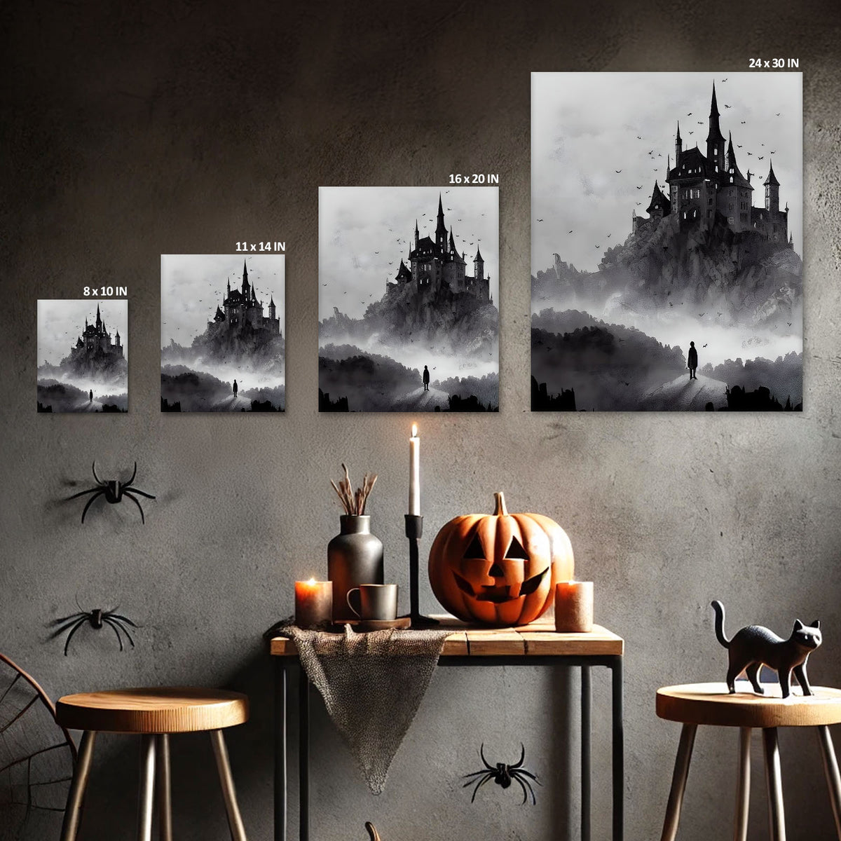 Haunted Gothic Castle in the Mist with Bats Illustration Halloween Wall Art