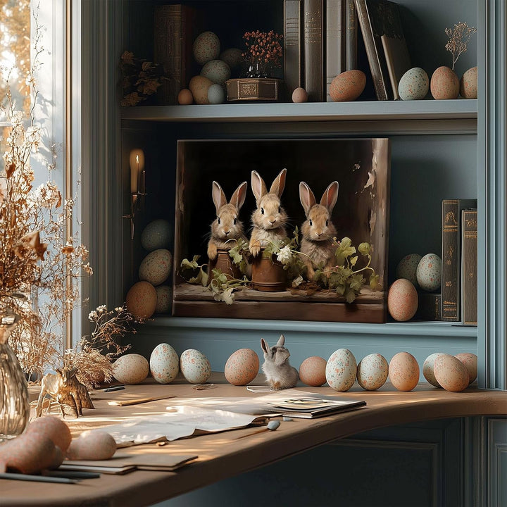 Easter Rabbits Framed Canvas Wall Art, Potted Hares and Plants Oil Painting Home Decor, Nature-Inspired Wall Decor Stunning Lovable Bunny Canvas Prints for Living Room, Bedroom, or Nursery