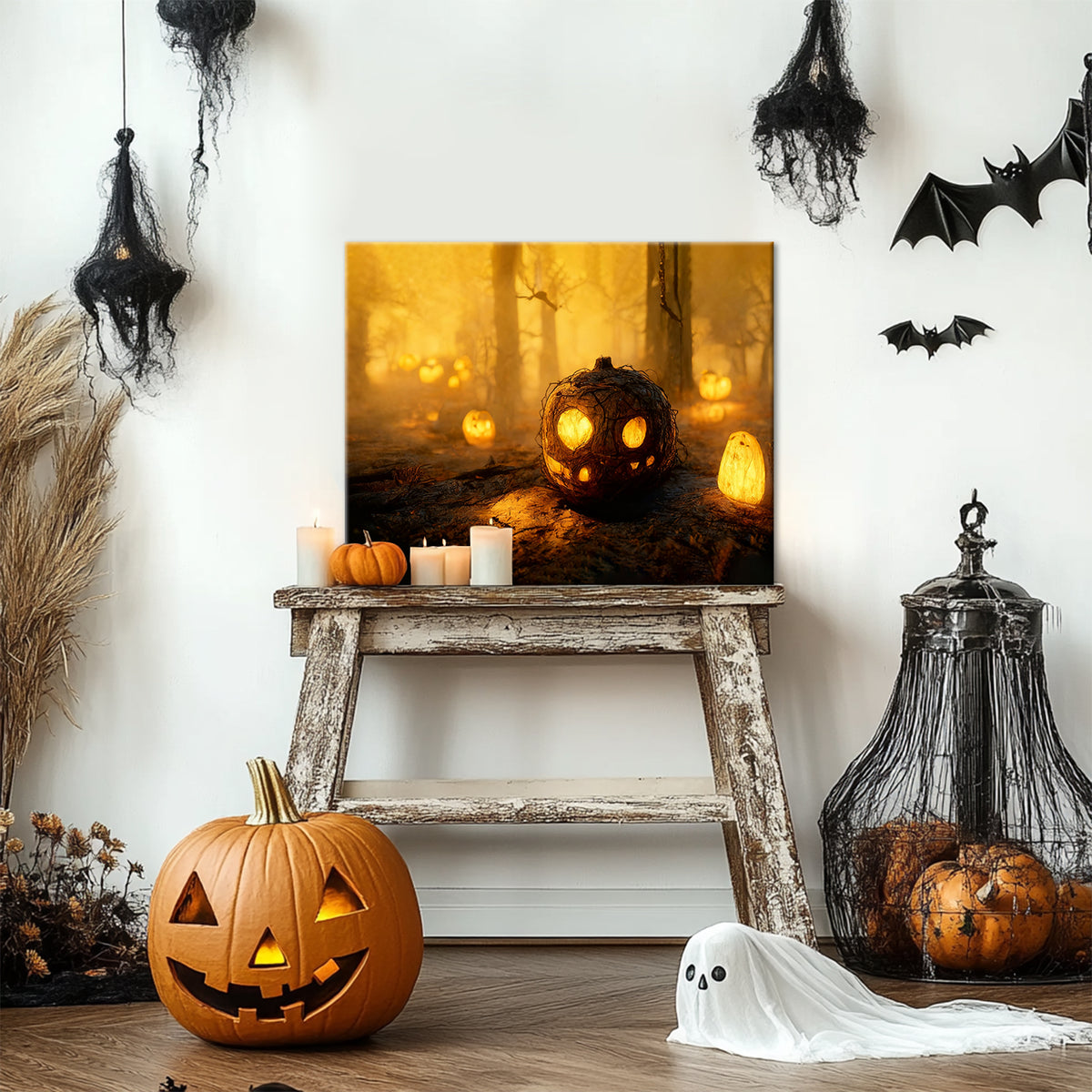 Pumpkin Lanterns in the Enchanted Forest Halloween Canvas Wall Art