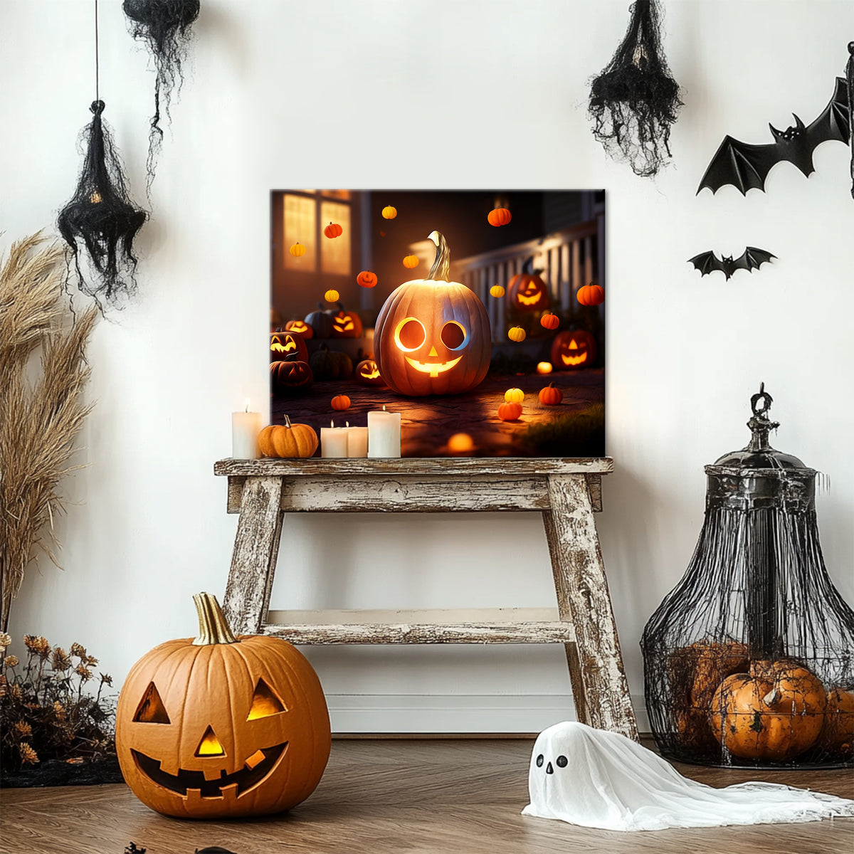 Ghostly Pumpkin Porch Halloween Canvas Wall Art
