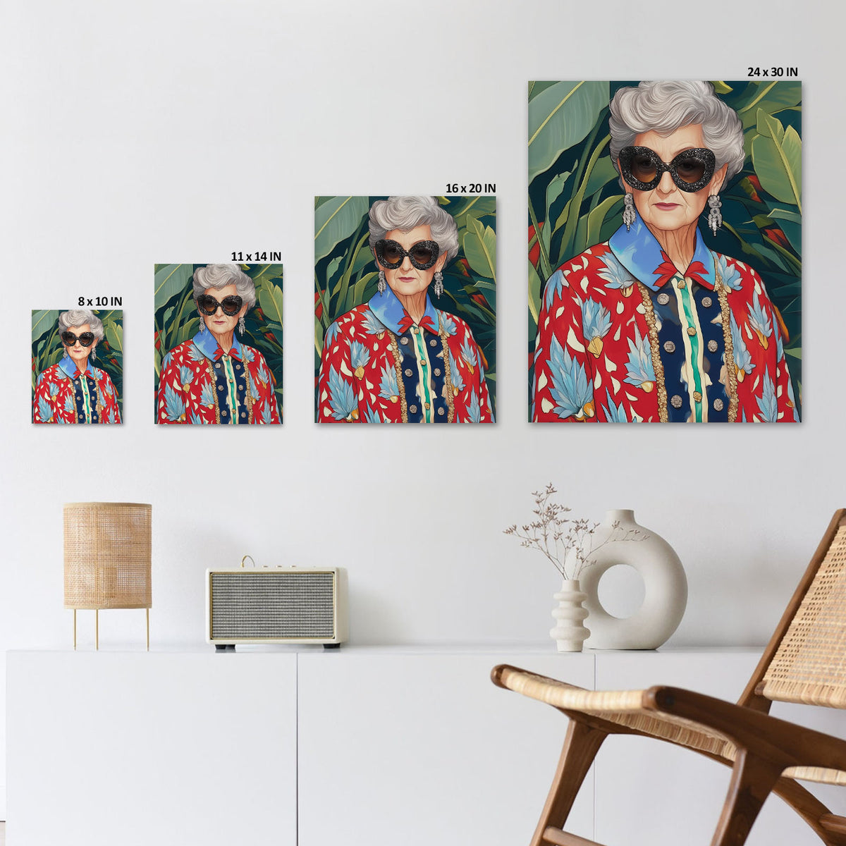 Retro Floral Grandma Portrait Painting Colorful Fashion Portrait Wall Art