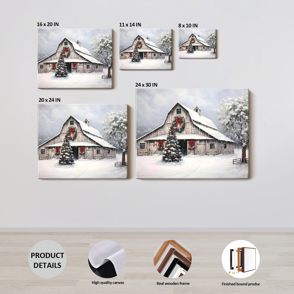 Christmas Farmhouse Barn Canvas Wall Art, Snowy Country Barn with Christmas Tree and Wreath Holiday Decor