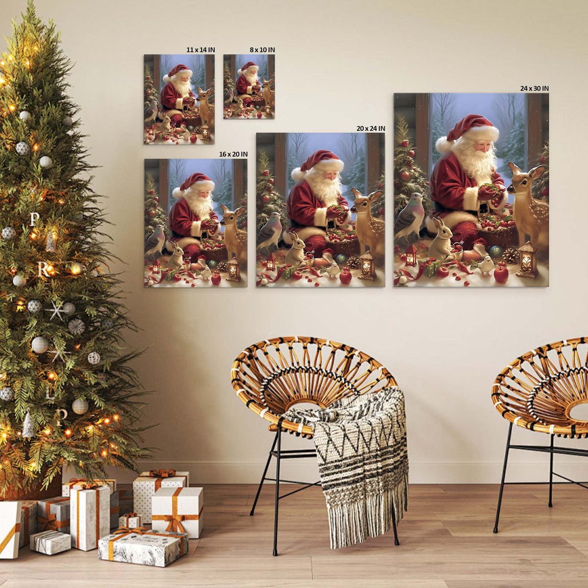 Santa Claus with Woodland Animals Christmas Canvas Wall Art, Whimsical Holiday Decor for Living Room and Nursery