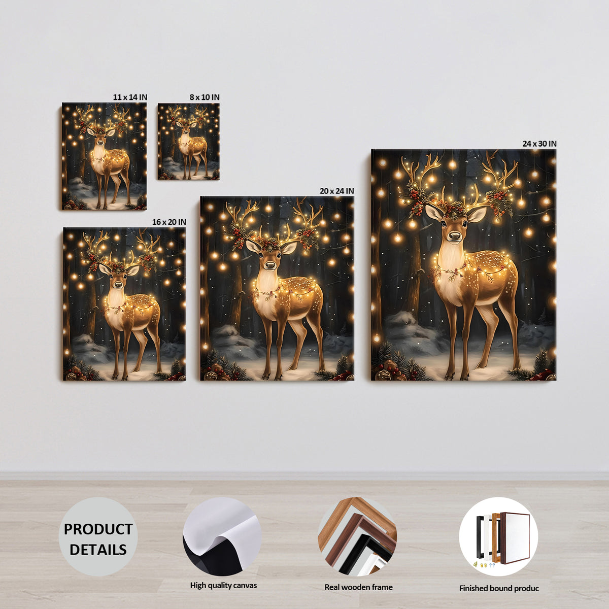Christmas Reindeer Canvas Wall Art with Lights, Enchanted Winter Forest Holiday Decor for Living Room and Bedroom