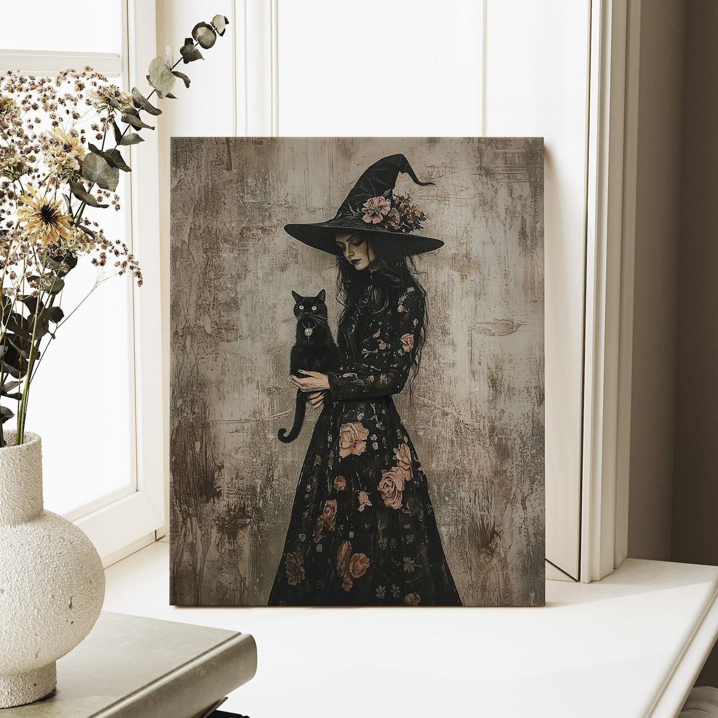 Floral Witch and Black Cat Halloween Canvas Wall Art