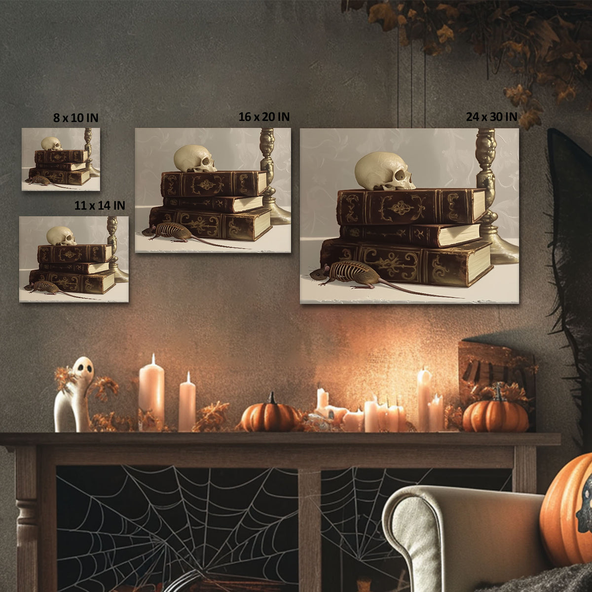 Dark Academia Skull Still Life Gothic Books with Skull and Rat Artwork Wall Art