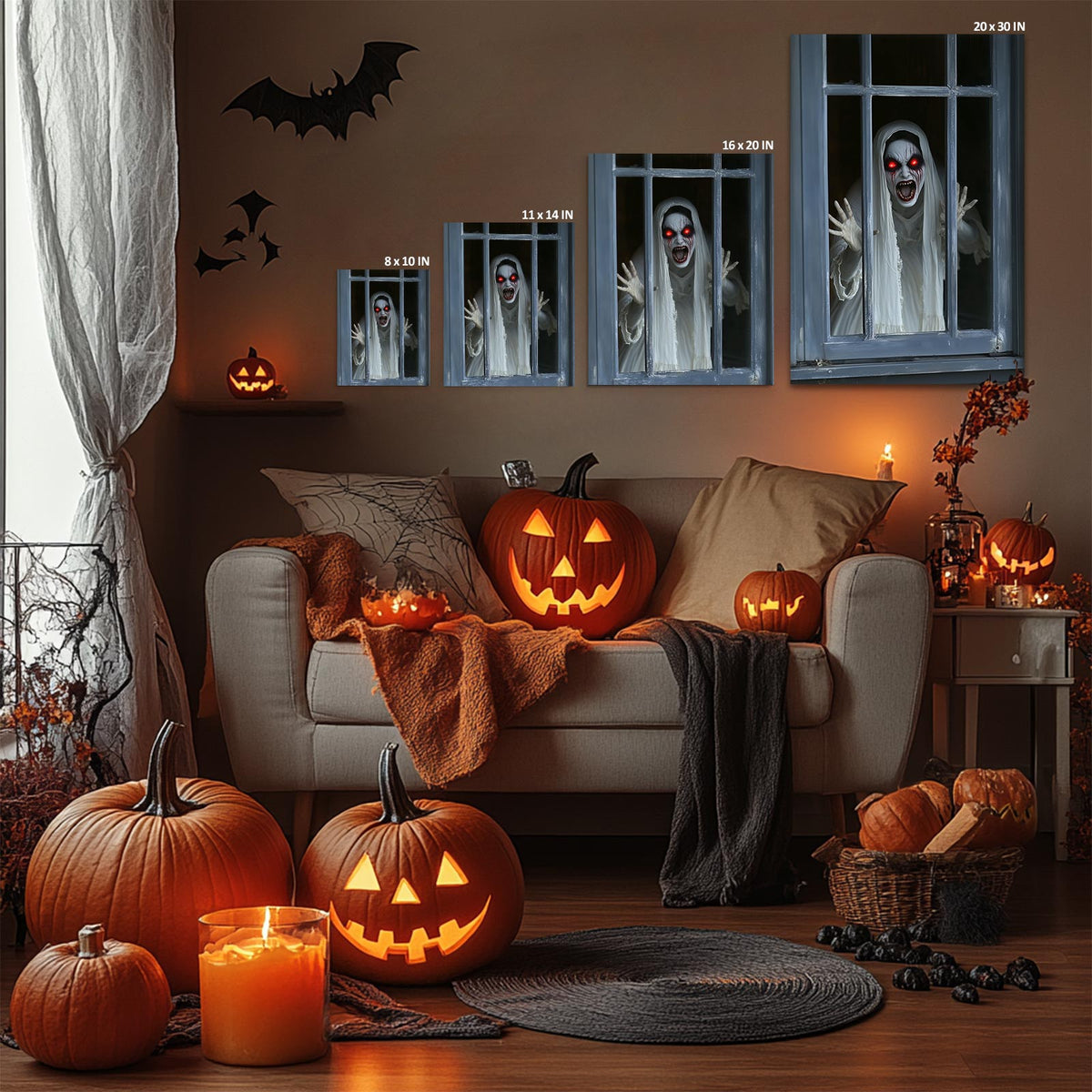 Haunted Ghost at the Window Canvas Wall Art – Scary Halloween Horror Home Decor