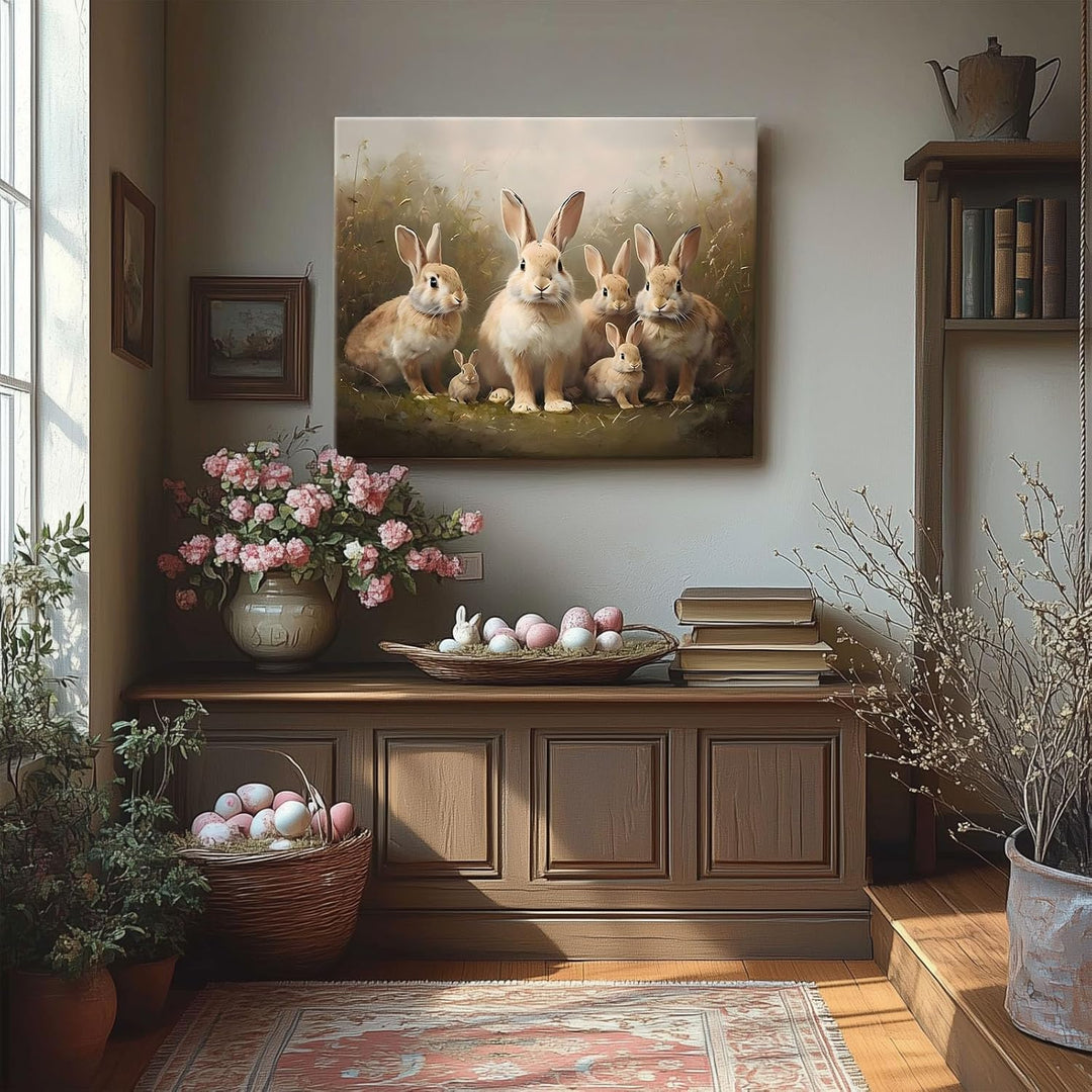Easter Grassland Rabbits Canvas Wall Art Adorable Hares Oil Painting Home Decor, Nature-Inspired Wall Decor Stunning Lovable Bunny Canvas Prints