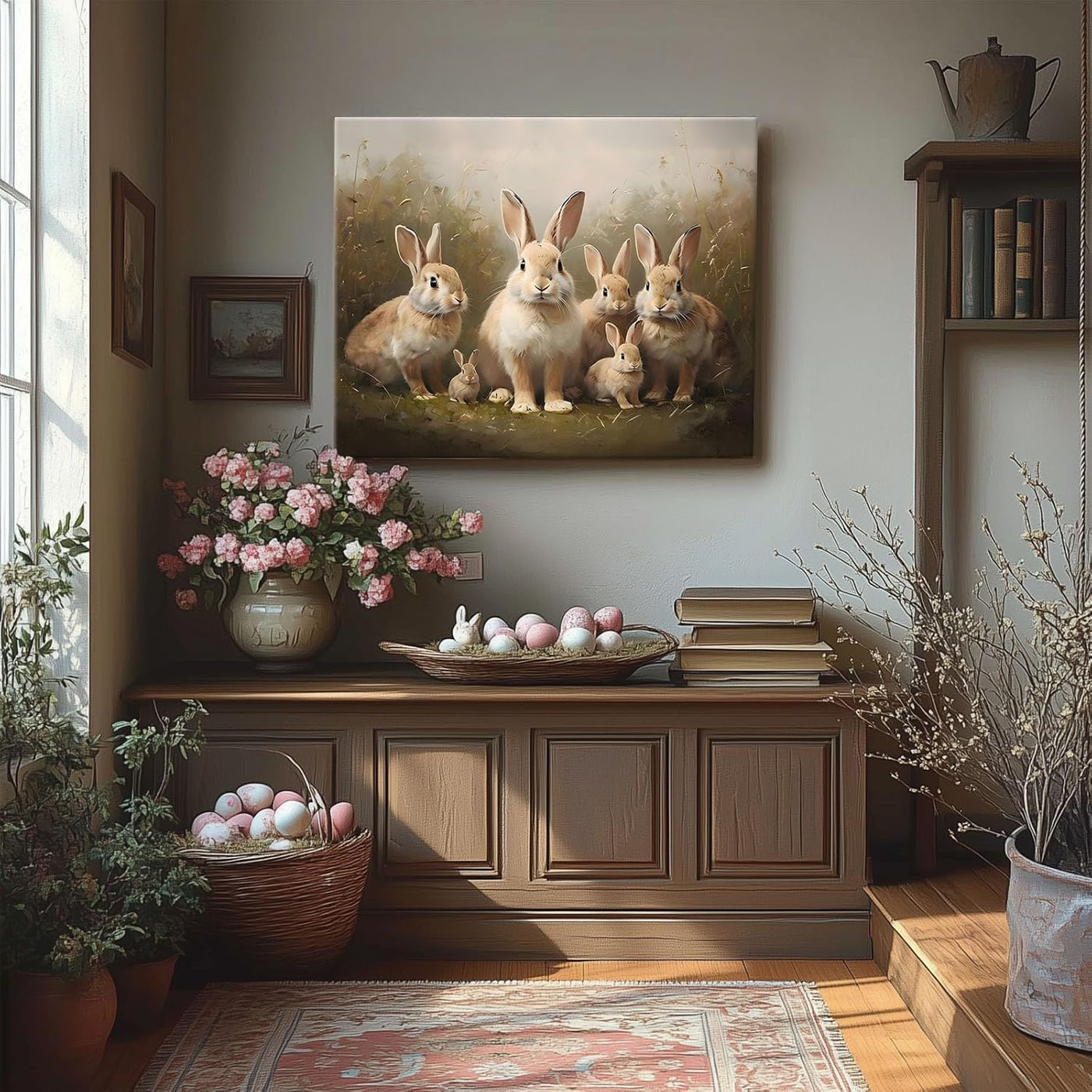Easter Grassland Rabbits Canvas Wall Art Adorable Hares Oil Painting Home Decor, Nature-Inspired Wall Decor Stunning Lovable Bunny Canvas Prints