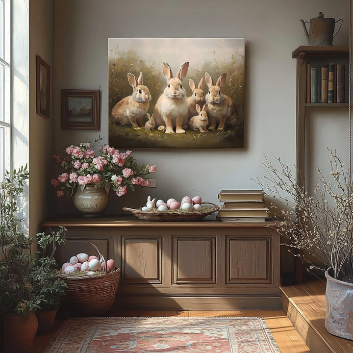 Easter Grassland Rabbits Canvas Wall Art Adorable Hares Oil Painting Home Decor, Nature-Inspired Wall Decor Stunning Lovable Bunny Canvas Prints