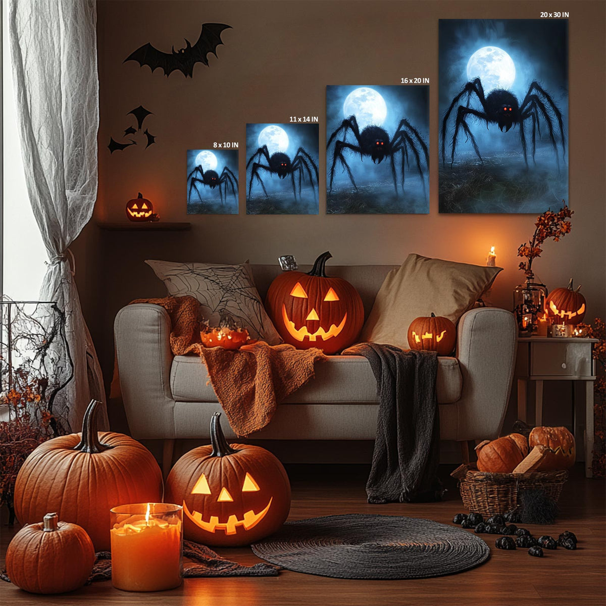Giant Spider Under the Full Moon Canvas Wall Art – Creepy Halloween Horror Decor