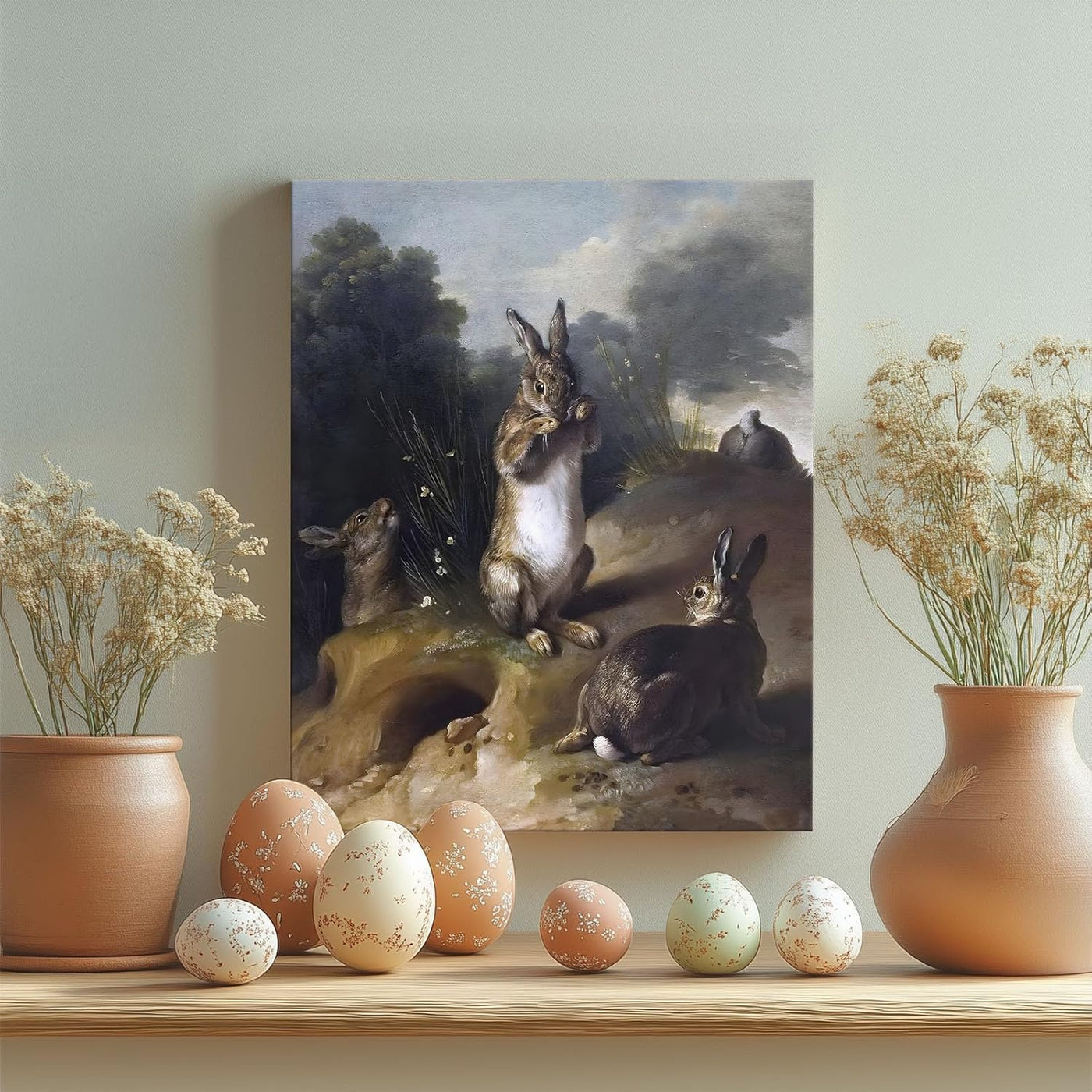 Easter Rabbits Canvas Wall Art, Adorable 4 Hares and Cave Oil Painting Home Decor, Nature-Inspired Wall Decor Stunning Lovable Bunny Canvas Prints for Living Room