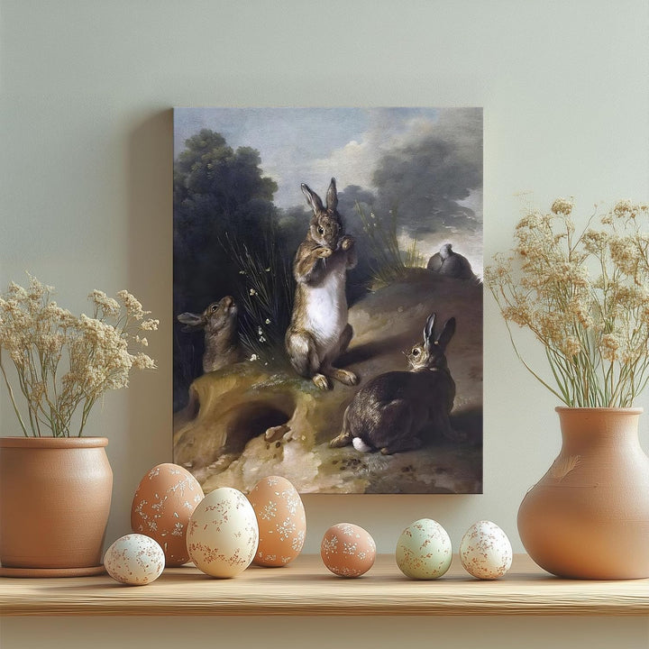 Easter Rabbits Canvas Wall Art, Adorable 4 Hares and Cave Oil Painting Home Decor, Nature-Inspired Wall Decor Stunning Lovable Bunny Canvas Prints for Living Room