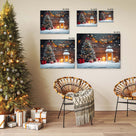 Rustic Christmas Cottage Canvas Wall Art, Snowy Holiday Scenes with Christmas Trees, Lanterns and Gingerbread Decor