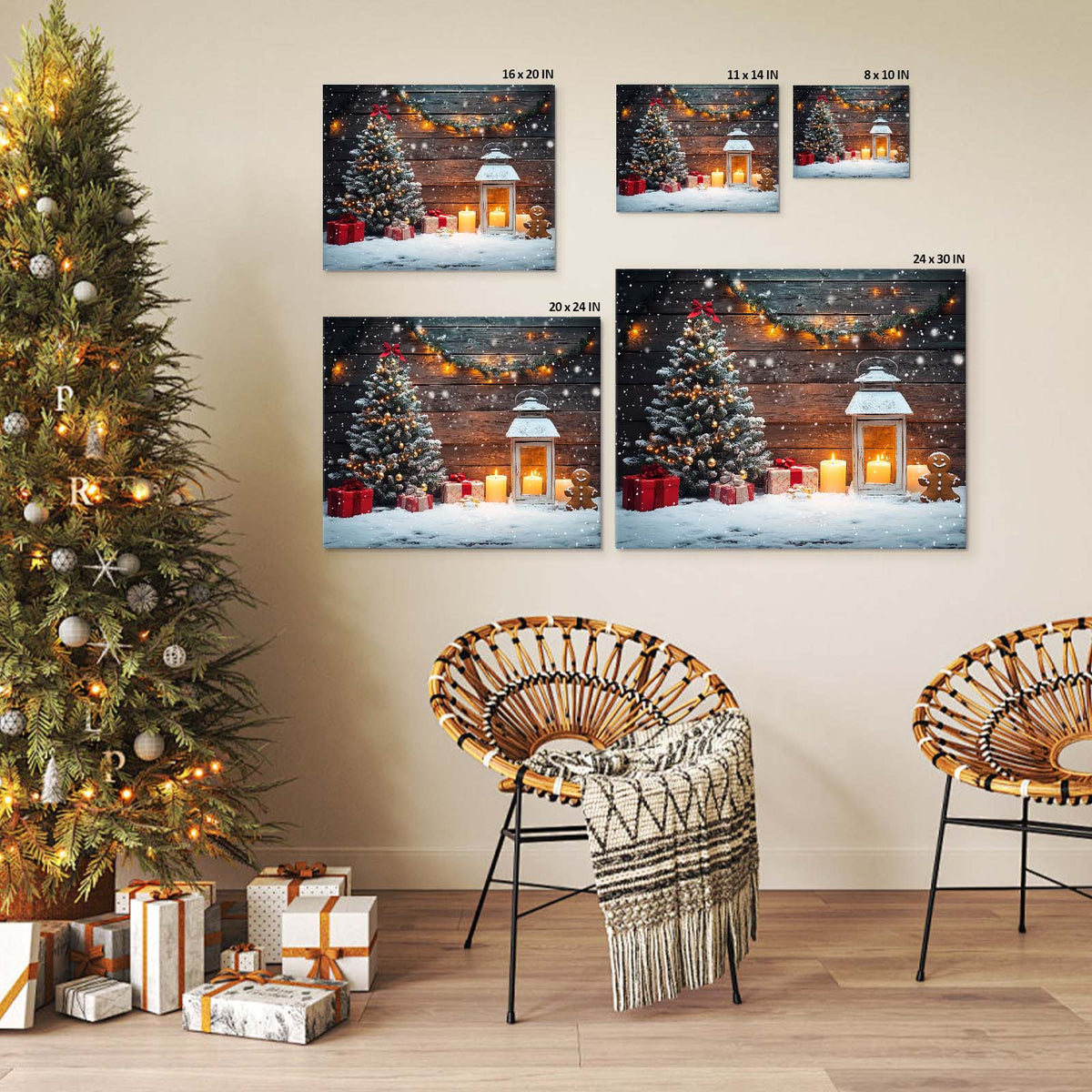 Rustic Christmas Cottage Canvas Wall Art, Snowy Holiday Scenes with Christmas Trees, Lanterns and Gingerbread Decor