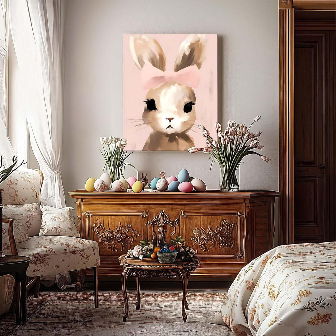 Easter Bunny Canvas Wall Art, Stylish Bunny Pop Home Decor Print Painting Spring Pink Aesthetic Artwork, Rustic Easter Charm Holiday Gift Nursery Living Room Decoration