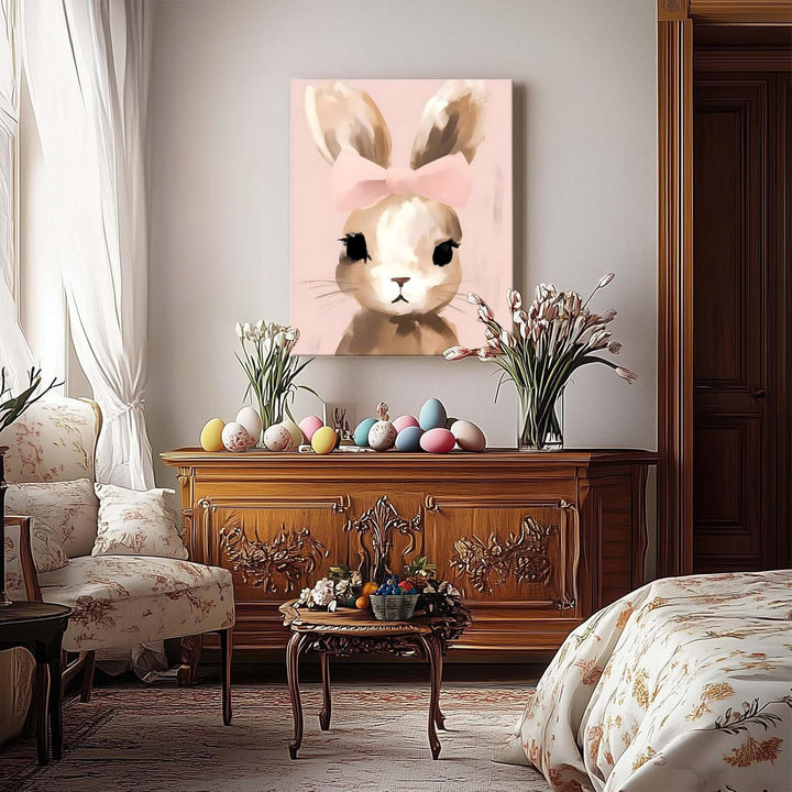 Easter Bunny Canvas Wall Art, Stylish Bunny Pop Home Decor Print Painting Spring Pink Aesthetic Artwork, Rustic Easter Charm Holiday Gift Nursery Living Room Decoration