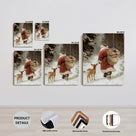 Santa Claus and Fawn Christmas Canvas Wall Art, Santa Carrying Gifts in a Snowy Forest Holiday Decor