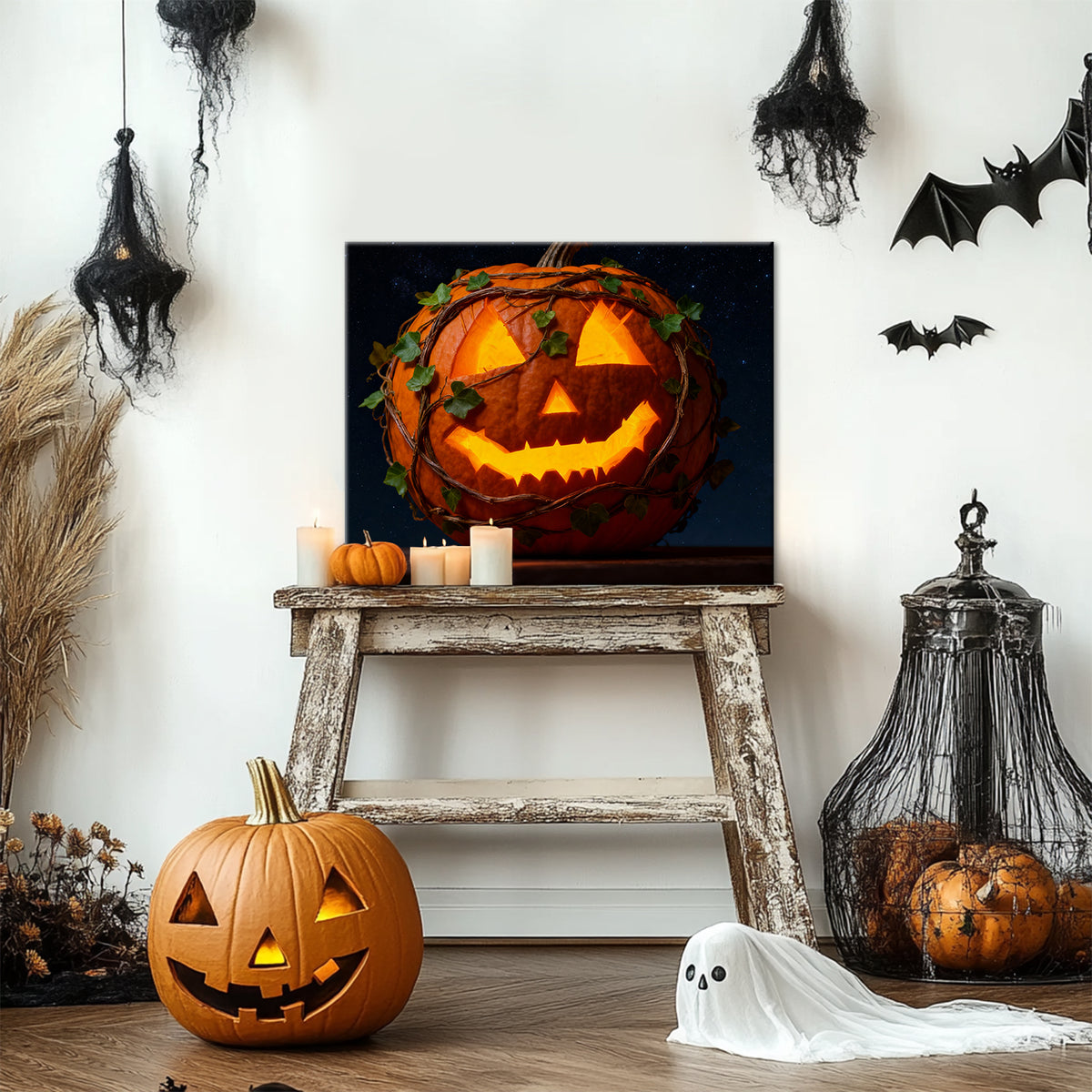 Vine-Wrapped Jack-o’-Lantern Halloween Canvas Wall Art