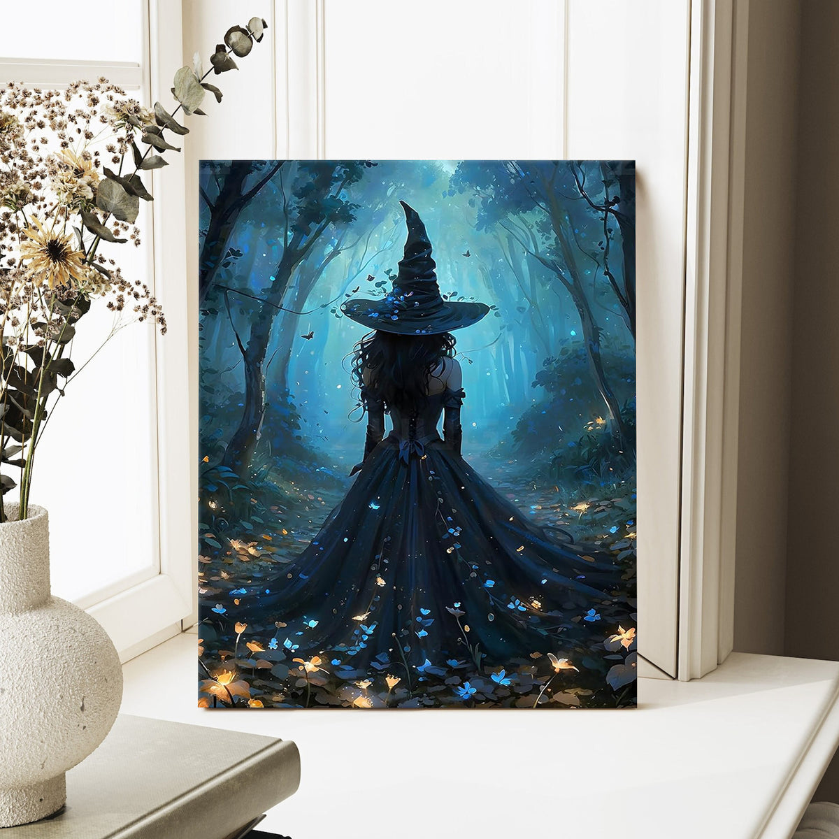 Mystic Blue Forest Witch Halloween Canvas Wall Art