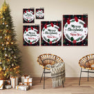 Merry Christmas Happy New Year Canvas Wall Art, Rustic Plaid Holiday Sign with Christmas Wreath and Mittens