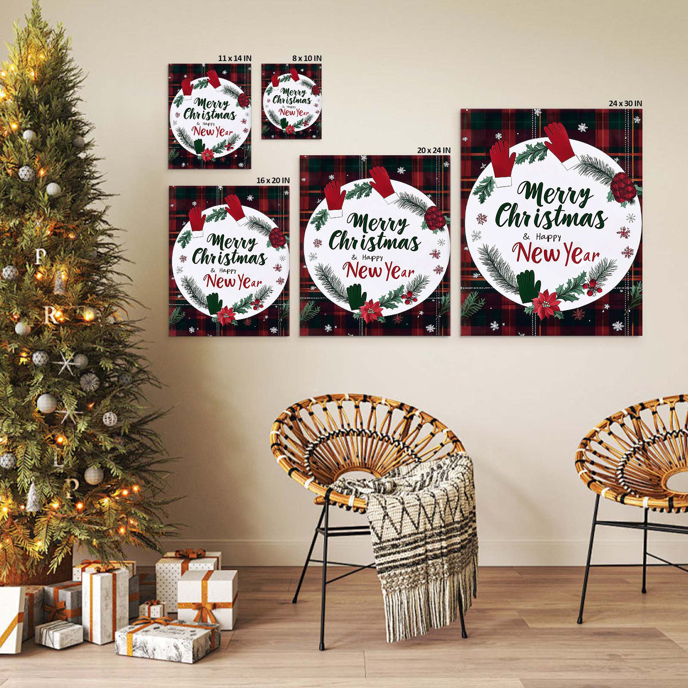 Merry Christmas Happy New Year Canvas Wall Art, Rustic Plaid Holiday Sign with Christmas Wreath and Mittens