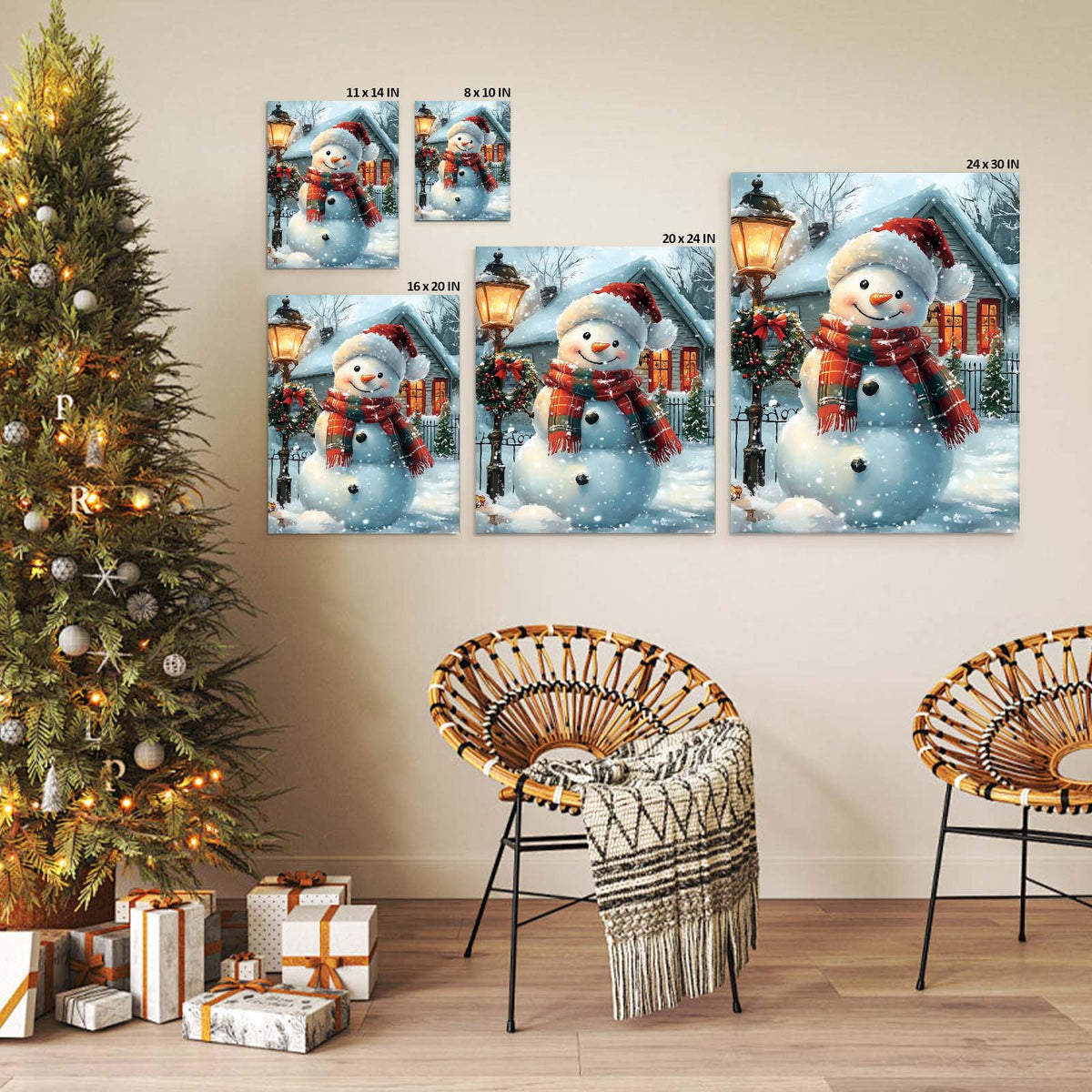 Cute Snowman Christmas Canvas Wall Art, Snowy Holiday House with Wreath and Lantern Decor