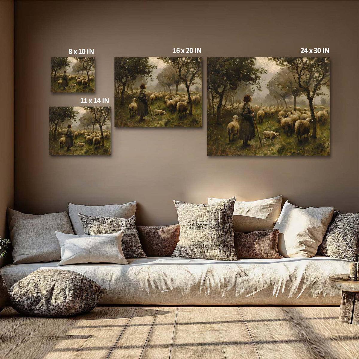 Atmospheric Pastoral Landscape Painting Shepherd and Sheep in the Misty Meadow Wall Art