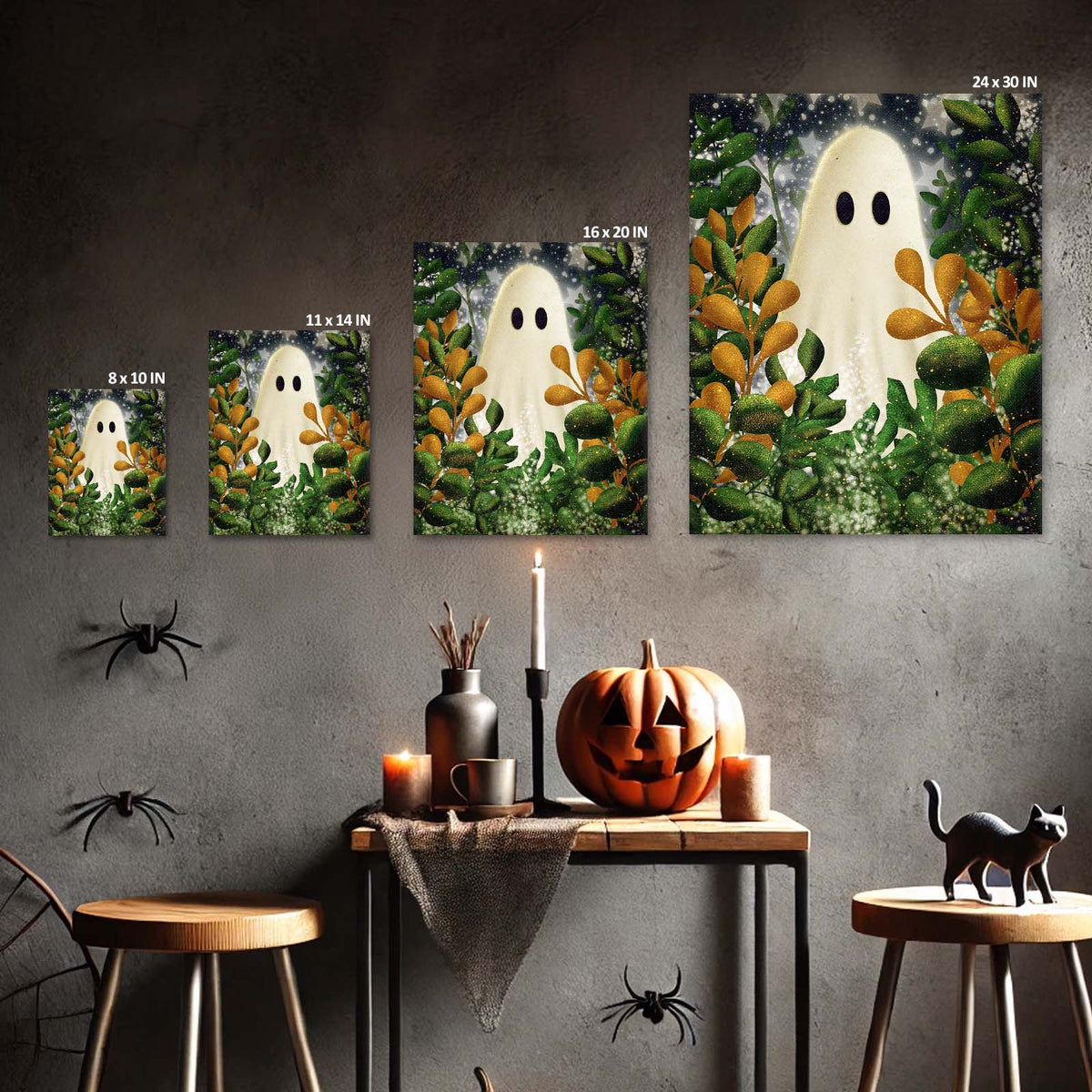 Cute Ghost Among Autumn Foliage Illustration Halloween Wall Art
