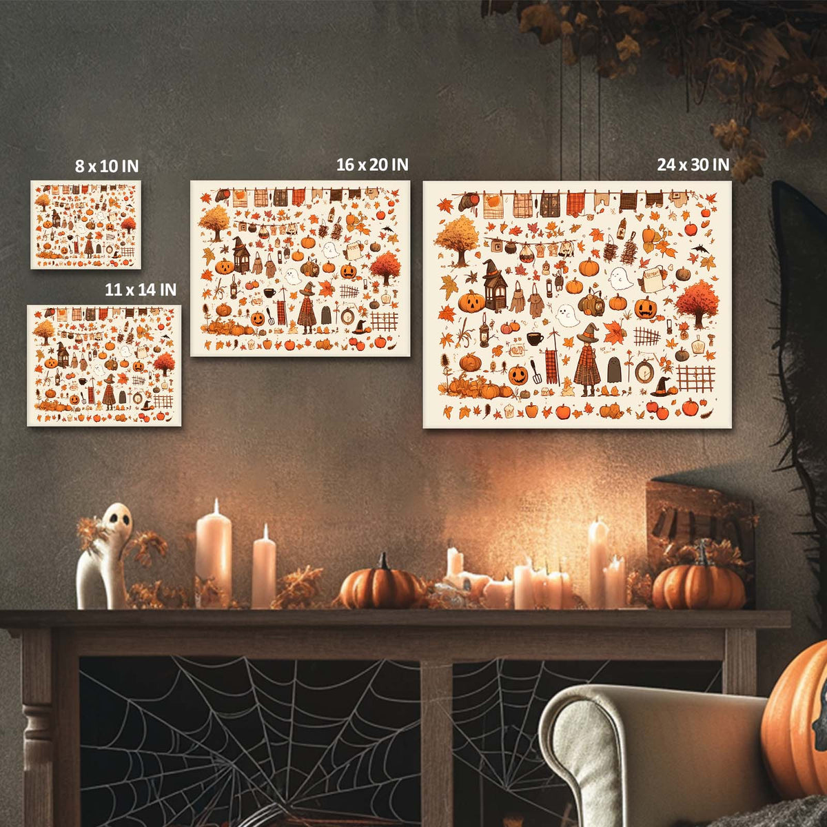 Autumn Cozy Halloween Doodle Collage Illustration Wall Art