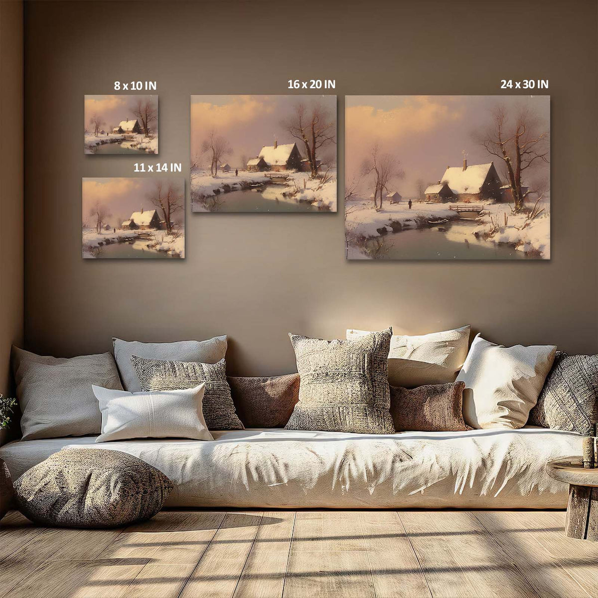 Snowy Winter Village by the River Impressionist Snowy Countryside Landscape Painting Wall Art