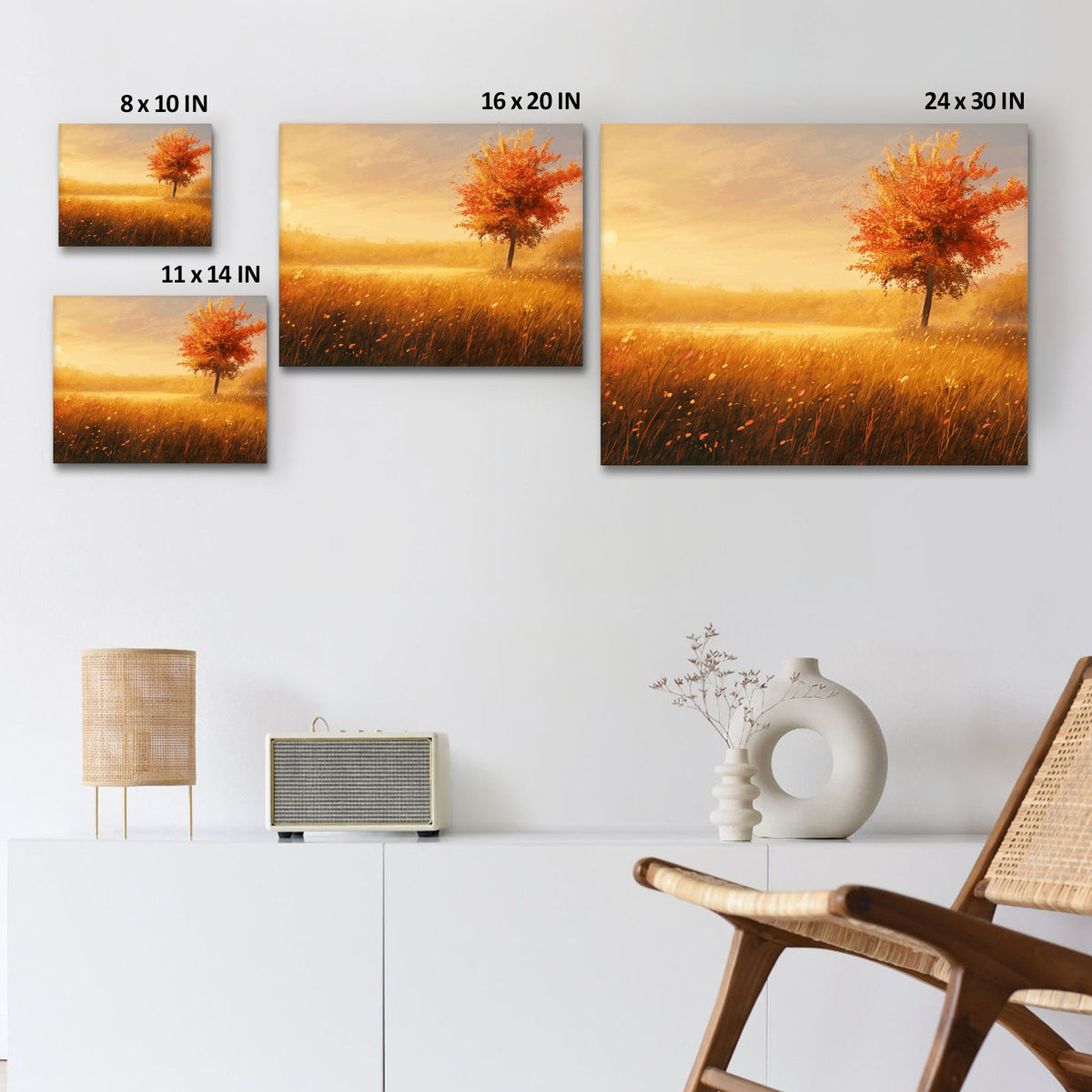 Golden Sunlit Autumn Meadow Landscape Tree Wall Art