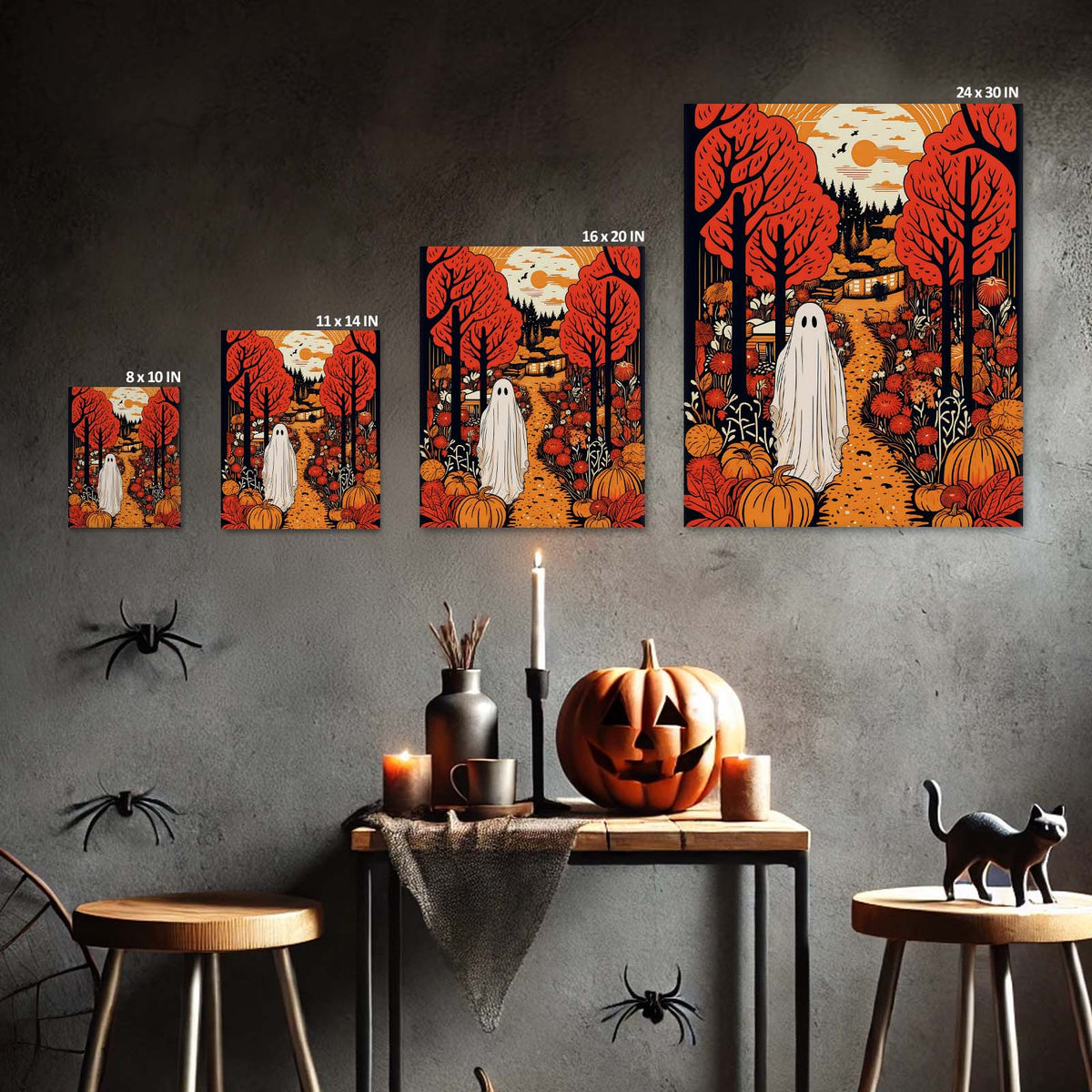 Ghost in the Autumn Forest Bold Retro Halloween Illustration Wall Art