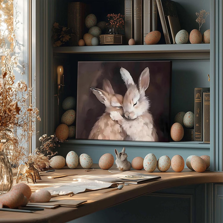 Rustic Easter Bunny Canvas Wall Art, 2 Rabbits Farmhouse Home Decor Print Painting Artwork, Modern Easter Charm Holiday Gift Nursery Living Room Bedroom Decoration