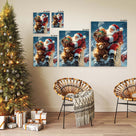 Santa Claus with Teddy Bear Christmas Canvas Wall Art, Santa Delivering Gifts on a Snowy Rooftop Holiday Decor