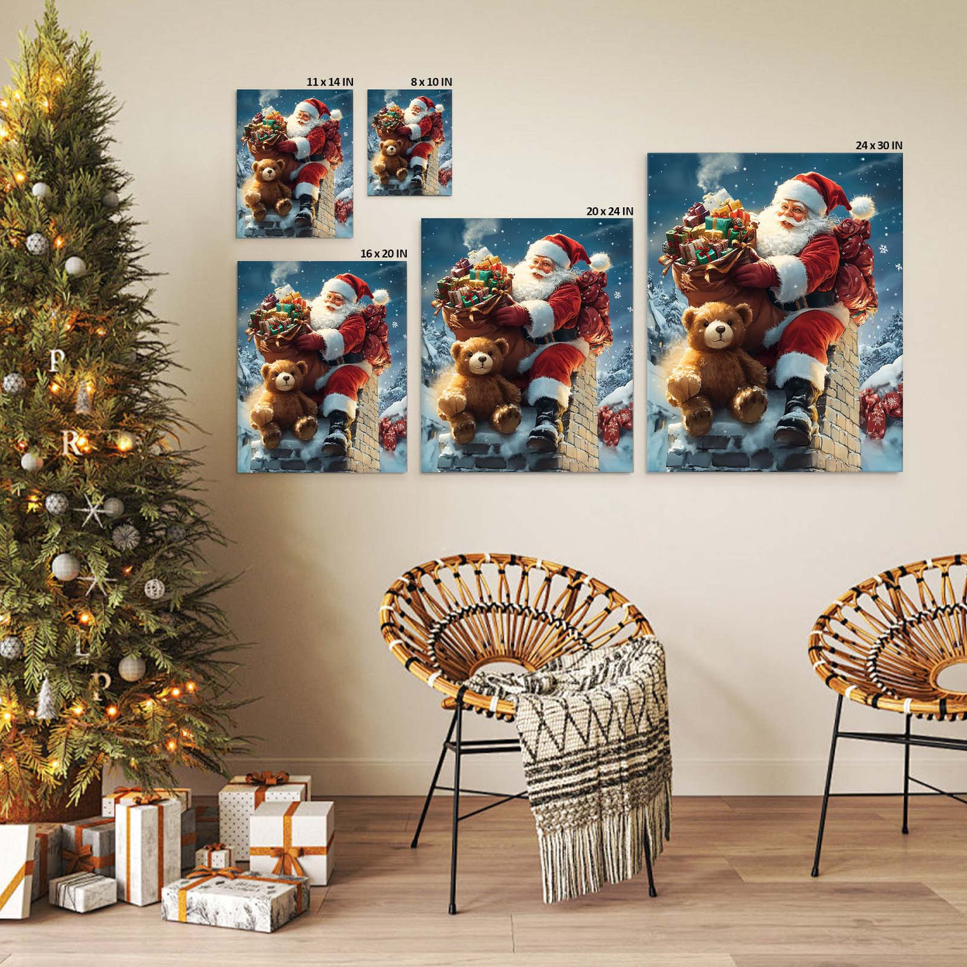 Santa Claus with Teddy Bear Christmas Canvas Wall Art, Santa Delivering Gifts on a Snowy Rooftop Holiday Decor