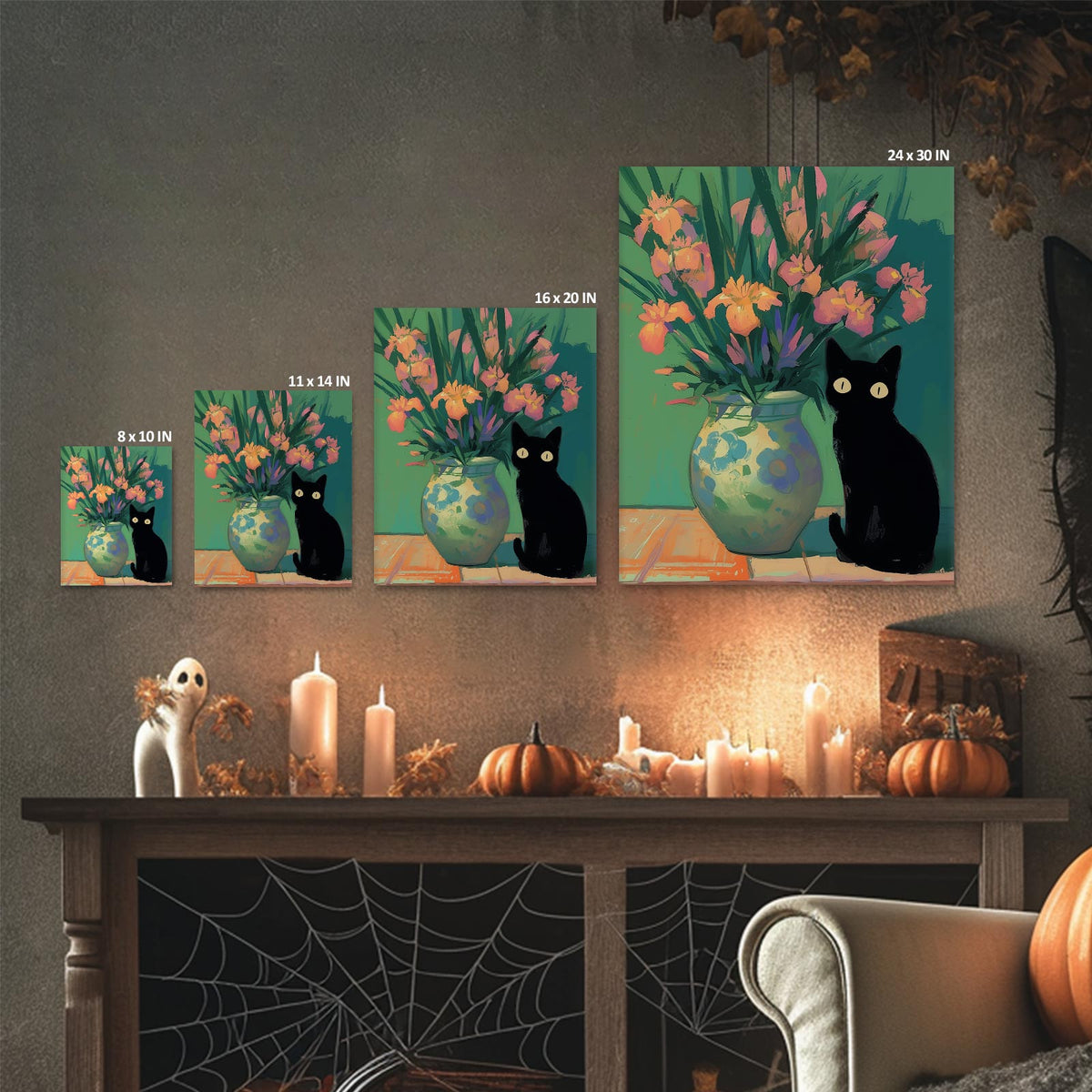 Black Cat Floral Vase Wall Art