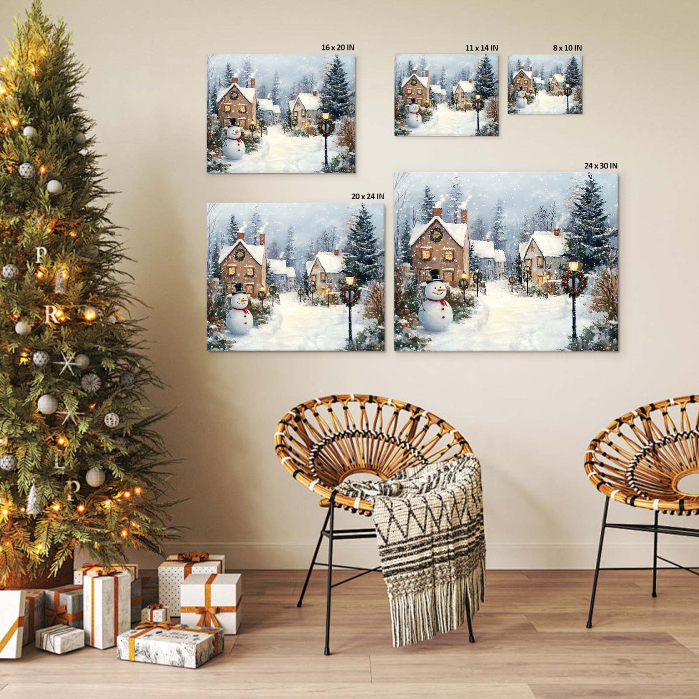 Snowman Christmas Village Canvas Wall Art, Snowy Holiday Town with Wreaths and Lights Decor