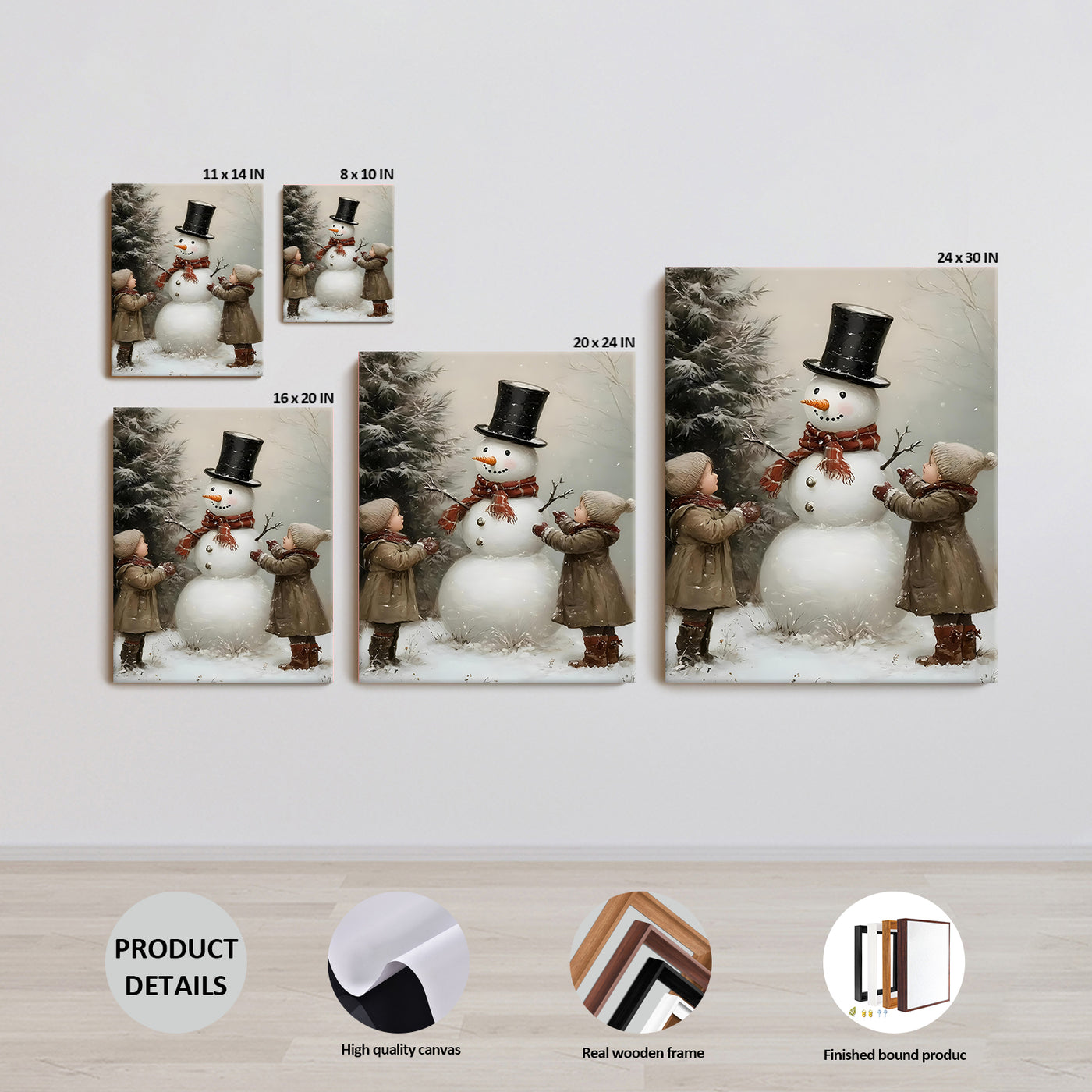 Snowman and Children Christmas Canvas Wall Art, Winter Family Holiday Artwork for Living Room, Bedroom and Entryway